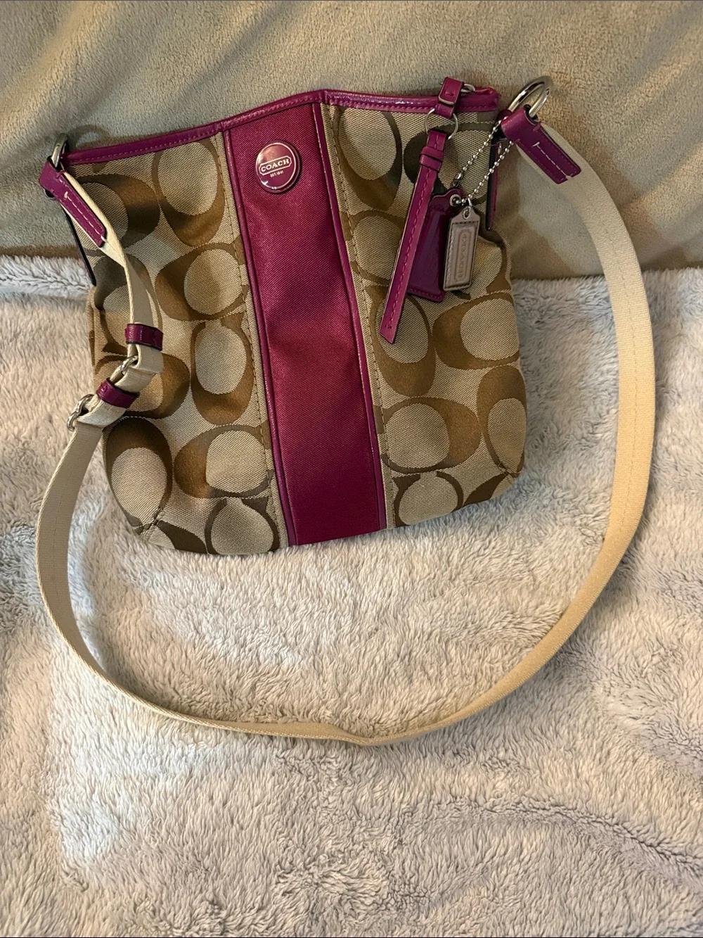 Authentic Coach Khaki/brown/fuchsia crossbody with cram shoulder strap